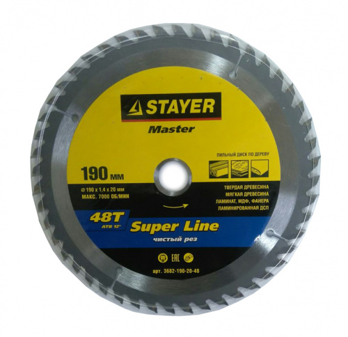 Диск на пилу STAYER MASTER по дереву,190х20мм,48Т,3682-190-20-48