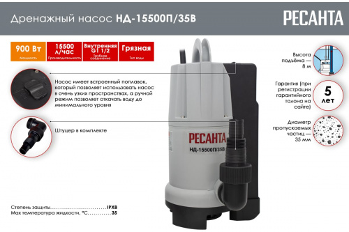 Насос дренажный НД-15500 П/35В Ресанта/77/2/4